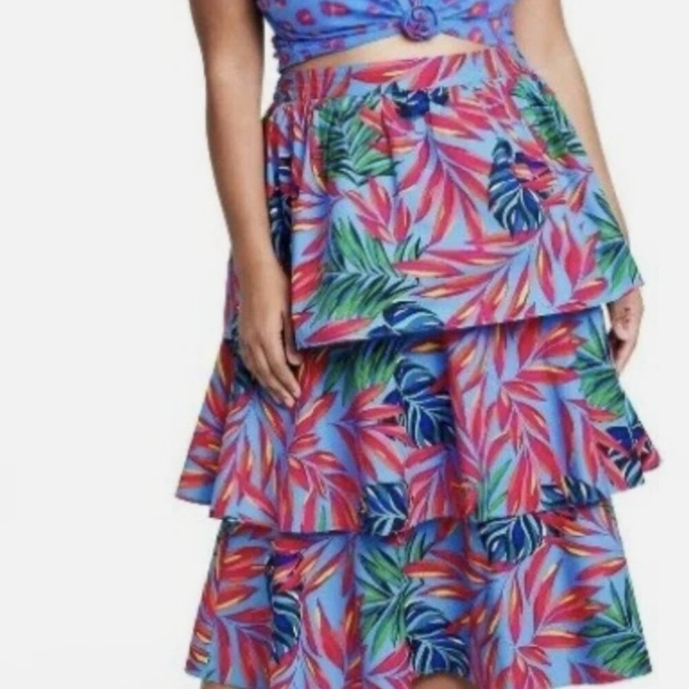 NWT Tabitha Brown Tropical Print Tiered Midi Skirt. Size Small Elastic Waist